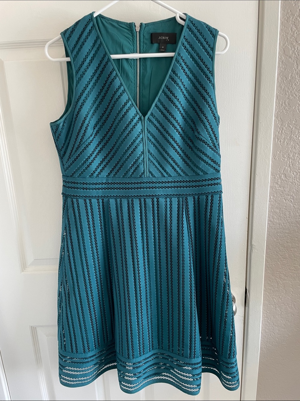 J. Crew Teal V-Neck Textured Stripe Fit-and-Flare Dress 12